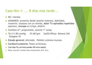 Caso Nro 1: ... 8 días más tarde...
MC: mareos.
ANAMNEIS: presenta desde anoche malestar, debilidad,
insomnio, nauseas con un vómito, dolor Tx episodios repetidos
opresivo, síncope en triaje, Afebril.
Cambios ttº: propranolol, anoche 1º comp.
TA 111/85 mmHg FC:68 lpm SatO2:95%aa Bmtest:345
Glasgow:15
Estado general: afectado. Palidez cutánea-mucosa.
Cardiocirculatorio: Tonos arrítmicos.
[con hipo TA y Arrímia pueden NO oirse soplos].
Mejor auscular tumabo salvo excepciones (CIA, etc).
 