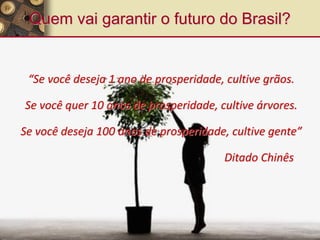 ::: FAÇA DAR CERTO ::: :: INSTITUTO MAURICIO DE SOUZA ::
“Se você deseja 1 ano de prosperidade, cultive grãos.
Se você quer 10 anos de prosperidade, cultive árvores.
Se você deseja 100 anos de prosperidade, cultive gente”
Ditado Chinês
Quem vai garantir o futuro do Brasil?
 