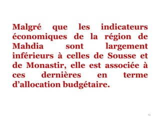 15
Malgré que les indicateurs
économiques de la région de
Mahdia sont largement
inférieurs à celles de Sousse et
de Monastir, elle est associée à
ces dernières en terme
d’allocation budgétaire.
 