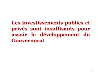 18
Les investissements publics et
privés sont insuffisants pour
assoir le développement du
Gouvernorat
 