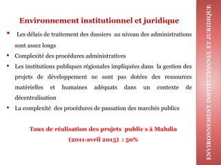 Environnement institutionnel et juridique
• Les délais de traitement des dossiers au niveau des administrations
sont assez longs
• Complexité des procédures administratives
• Les institutions publiques régionales impliquées dans la gestion des
projets de développement ne sont pas dotées des ressources
matérielles et humaines adéquats dans un contexte de
décentralisation
• La complexité des procédures de passation des marchés publics
Taux de réalisation des projets public s à Mahdia
(2011-avril 2015) : 50%
ENVIRONNEMENTINSTITUTIONNELETJURIDIQUE
 