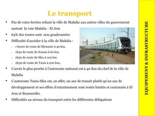Le transport
• Pas de voies ferrées reliant la ville de Mahdia aux autres villes du gouvernorat
surtout la voie Mahdia - El Jem
• 64% des routes sont non goudronnées
• Difficulté d’accéder à la ville de Mahdia :
o 1 heure de route de Monastir à 40 km,
o 1h30 de route de Sousse à 60 km,
o 1h30 de route de Sfax à 100 km
o 2h30 de route de Tunis à 200 km,.
• L’accès le plus proche à l’autoroute national est à 40 Km du chef de la ville de
Mahdia
• L’autoroute Tunis-Sfax est, en effet, un axe de transit plutôt qu’un axe de
développement et ses effets d’entraînement sont restés limités et cantonnés à El
Jem et Boumerdès.
• Difficultés au niveau du transport entre les différentes délégations
23
EQUIPEMENT&INFRASTRUCTURE
 
