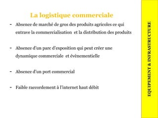 La logistique commerciale
- Absence de marché de gros des produits agricoles ce qui
entrave la commercialisation et la distribution des produits
- Absence d’un parc d’exposition qui peut créer une
dynamique commerciale et évènementielle
- Absence d’un port commercial
- Faible raccordement à l’internet haut débit
33
EQUIPEMENT&INFRASTRUCTURE
 