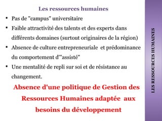 Les ressources humaines
• Pas de "campus" universitaire
• Faible attractivité des talents et des experts dans
différents domaines (surtout originaires de la région)
• Absence de culture entrepreneuriale et prédominance
du comportement d'"assisté"
• Une mentalité de repli sur soi et de résistance au
changement.
Absence d'une politique de Gestion des
Ressources Humaines adaptée aux
besoins du développement
35
LESRESSOURCESHUMAINES
 