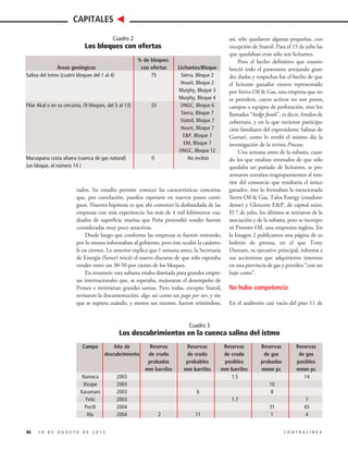 Cuadro 2
Los bloques con ofertas
% de bloques
Áreas geológicas con ofertas Licitantes/Bloque
Salina del Istmo (cuatro bloques del 1 al 4) 75 Sierra, Bloque 2
Hount, Bloque 2
Murphy, Bloque 3
Murphy, Bloque 4
Pilar Akal o en su cercanía, (9 bloques, del 5 al 13) 33 ONGC, Bloque 6
Sierra, Bloque 7
Statoil, Bloque 7
Hount, Bloque 7
E&P, Bloque 7
ENI, Bloque 7
ONGC, Bloque 12
Macuspana costa afuera (cuenca de gas natural) 0 No recibió
(un bloque, el número 14 )
46 1 0 D E A G O S T O D E 2 0 1 5 C O N T R A L Í N E A
CAPITALES
rados. Su estudio permite conocer las características concretas
que, por correlación, pueden esperarse en nuevos pozos conti-
guos. Nuestra hipótesis es que ahí comenzó la desbandada de las
empresas con más experiencia: los más de 4 mil kilómetros cua-
drados de superficie marina que Peña pretendió vender fueron
consideradas muy poco atractivas.
Desde luego que conforme las empresas se fueron retirando,
por lo menos informaban al gobierno, pero éste ocultó la catástro-
fe en ciernes. Lo anterior explica que 1 semana antes, la Secretaría
de Energía (Sener) inició el nuevo discurso de que sólo esperaba
vender entre un 30-50 por ciento de los bloques.
En resumen: esta subasta estaba diseñada para grandes empre-
sas internacionales que, se esperaba, mejoraran el desempeño de
Pemex e invirtieran grandes sumas. Pero todas, excepto Statoil,
revisaron la documentación, algo así como un pago por ver, y sin
que se supiera cuándo, y menos sus razones, fueron retirándose,
así, sólo quedaron algunas pequeñas, con
excepción de Statoil. Para el 15 de julio las
que quedaban eran sólo seis licitantes.
Pero el hecho definitivo que ensom-
breció todo el panorama arrojando gran-
des dudas y sospechas fue el hecho de que
el licitante ganador estuvo representado
por Sierra Oil & Gas, una empresa que no
es petrolera, cuyos activos no son pozos,
campos o equipos de perforación, sino los
llamados “hedge funds”, es decir, fondos de
cobertura, y en la que tuvieron participa-
ción familiares del expresidente Salinas de
Gortari, como lo reveló el mismo día la
investigación de la revista Proceso.
Una semana antes de la subasta, cuan-
do los que estaban enterados de que sólo
quedaba un puñado de licitantes, se pre-
sentaron extraños reagrupamientos al inte-
rior del consorcio que resultaría el único
ganador, éste lo formaban la mencionada
Sierra Oil & Gas, Talos Energy (estaduni-
dense) y Glencore E&P, de capital suizo.
El 7 de julio, los últimos se retiraron de la
asociación y de la subasta, pero se incorpo-
ró Premier Oil, una empresita inglesa. En
la Imagen 2 publicamos una página de su
boletín de prensa, en el que Tony
Durrant, su ejecutivo principal, informa a
sus accionistas que adquirieron intereses
en una provincia de gas y petróleo “con un
bajo costo”.
No hubo competencia
En el auditorio casi vacío del piso 11 de
Cuadro 3
Los descubrimientos en la cuenca salina del istmo
Campo Año de Reserva Reservas Reservas Reservas Reservas
descubrimiento de crudo de crudo de crudo de gas de gas
probadas probables posibles probadas posibles
mm barriles mm barriles mm barriles mmm pc mmm pc
Namaca 2003 1.5 14
Xicope 2003 10
Xaxamani 2003 6 8
Yetic 2003 1.7 7
Poctli 2004 31 65
Itla 2004 2 11 1 4
 