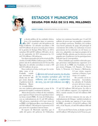14 21 de diciembre de 2015
AGENDA DE LA CORRUPCIÓNOPINIÓN
L
a deuda pública de las entidades federa-
tivas y los municipios sigue en aumento.
En 2007 –el primer año del gobierno de
Felipe Calderón– los adeudos ascendían a 186
mil 470 millones de pesos en total; para el inicio
de la gestión de Enrique Peña Nieto, en 2013,
sumaban 482 mil 807 millones 200 mil; y al cie-
rre de septiembre de 2015 alcanzaron los 515
mil 758 millones 100 mil pesos.
Los datos reportados por la Secretaría de Ha-
cienda y Crédito Público indican que en 2001, el
primer año de la administración de Vicente Fox
Quesada, los adeudos ascendían en total a 100
mil 243 millones de pesos.
Esta tendencia al alza revela que los escán-
dalos como el de
Coahuila –estado
que incrementó su
deuda más de 400
por ciento durante
el gobierno local de
Humberto Morei-
ra– en nada inhibie-
ron esta conducta gubernamental, a pesar de las
promesas de regular y reorientar la situación.
Ahora destacan los créditos de dos entidades,
pues superan el 8 por ciento de su producto inter-
no bruto estatal (PIBE). Se trata de Chihuahua,
con un endeudamiento de 41 mil 309 millones
100 mil pesos, equivalente al 8.4 por ciento de
su PIBE; y de Quintana Roo, cuya deuda por 21
mil 983 millones 700 mil pesos representa el 8.3
por ciento de su producto interno bruto.
El reporte de Hacienda especifica que el
saldo del pasivo del gobierno de Chihuahua
incluye tres emisiones bursátiles por 15 mil 524
millones de pesos que son pagadas y garantiza-
das con ﬂujos carreteros. También, tres créditos
cuya fuente primaria de pago, del principal al
vencimiento del crédito, la conforman recursos
provenientes de la redención (sic) de bonos cu-
pón cero, adquiridos con ingresos propios de la
entidad. Detalla, además, que los intereses serán
pagados por el gobierno con las participaciones
federales que le corresponden.
Otras entidades que también sobresalen por-
que presentan endeudamientos superiores al 4
por ciento de su PIBE son: Coahuila, con 6.5
por ciento; Chiapas, 5.9; Nayarit, 5.4; Nuevo
León, 5; Veracruz, 4.4; Sonora y Michoacán,
4.3 por ciento, respecti-
vamente; y Oaxaca, 4 por
ciento (ver cuadro).
De acuerdo con la in-
formación hacendaria,
los adeudos de Coahuila
al cierre del tercer trimes-
tre de este año fueron de
37 mil 242 millones 200 mil pesos. La cifra es
casi 2 mil millones superior a la registrada en
2013, cuando sumaba 35 mil 543 millones 800
mil pesos.
Al cierre del tercer trimestre de este año, el
endeudamiento de Chiapas –también incluido en
la lista con deudas que superan el 4 por ciento
del PIBE– ascendió a 18 mil 835 millones 500
mil; y el de Nayarit, a 6 mil 304 millones 800 mil
pesos.
En el caso de Nuevo León, su deuda es por 63
mil 28 millones 100 mil pesos; la de Veracruz, por
ESTADOS Y MUNICIPIOS
DEUDA POR MÁS DE 515 MIL MILLONES
NANCY FLORES, PERIODISTA/PRIMERA DE DOS PARTES
Al inicio del actual sexenio, las deudas
de los estados sumaban 482 mil 807
millones 200 mil pesos; a septiembre
de 2015, 515 mil 758 millones 100 mil
Al inicio del actual sexenio, las deudas
de 2015, 515 mil 758 millones 100 mil
 