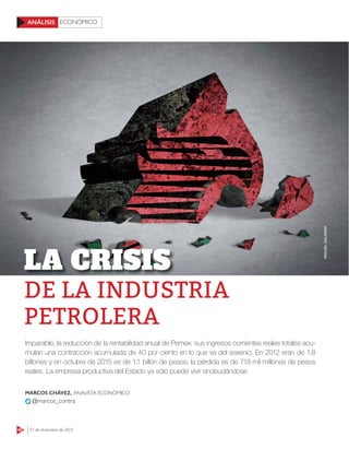 48 21 de diciembre de 2015
ECONÓMICOANÁLISIS
DE LA INDUSTRIA
PETROLERA
Imparable, la reducción de la rentabilidad anual de Pemex: sus ingresos corrientes reales totales acu-
mulan una contracción acumulada de 40 por ciento en lo que va del sexenio. En 2012 eran de 1.8
billones y en octubre de 2015 es de 1.1 billón de pesos; la pérdida es de 718 mil millones de pesos
reales. La empresa productiva del Estado ya sólo puede vivir endeudándose
MARCOS CHÁVEZ, ANALISTA ECONÓMICO
@marcos_contra
LA CRISIS
MIGUELGALINDO
 