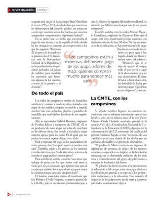 40 15 de agosto de 2016
INVESTIGACIÓN CAMPO
su gente está “en pie de lucha porque Peña Nieto hizo
eldecreto297en2014,dondedeclaraqueesastierras
las desincorpora del dominio público, sin tomar en
cuenta que nosotros somos los dueños,que nuestros
antepasados compraron con el gobierno federal”.
En su pecho trae un recibo que comprueba el
pago de esas tierras y en la espalda el título donde
les fue otorgado un contrato de compra-venta a los
que las pagaron. “Tenemos
22 amparos,de los cuales ya
se ganaron dos;170 denun-
cias ante la Procuraduría
General de la República, y
están pendientes las inspec-
ciones judiciales; 22 juicios
de nulidad, para invalidar
los convenios que firma-
ron algunos de los nuestros
a través de la presión y el
chantaje”.
De todo el país
Los miles de campesinos vestían de huaraches,
sombrero y camisas a cuadros; otros, ataviados con
trajes de sus pueblos; mujeres en vestido y mandil,
muchos más con cachuchas, playeras y pantalón de
mezclilla, que enarbolaban banderas de sus organi-
zaciones.
Ahí, se encontraba Gabriel Ramírez, originario
de Ocotlán, Jalisco, e integrante de CIOAC. Él es
un productor de maíz al que no le ha ido muy bien
en los últimos años, y ha venido a la ciudad a exigir
mayores apoyos para los suyos. Él, al igual que sus
padres,hermanos,esposa e hijos,viven al día.
Está a expensas del pago de los acaparadores de
maíz, quienes, dice,“compran mucho y venden más
caro”. También, sujeto a los precios de los insumos
y tarifas eléctricas, que “cada año suben; mientras la
cosecha se paga igual o a menor precio”.
Para sobrellevar la vida, comenta,“uno tiene que
trabajar de peón, con los que tienen más tierra o
vacas; por eso, es necesario que ayuden más para el
campo,que quiten a los acaparadores y paguen mejor
la cosechas porque cada año van para abajo”.
El hombre escuchaba atento el manifiesto que
leía Federico Ovalle Vaquera, secretario general de
la CIOAC, que en su discurso pronunciaba que, a
más de 30 años de vigencia del modelo neoliberal,“es
evidente que México atraviesa por uno de sus peores
momentos”.
También andaba,entre los miles,ManuelVaque-
ro Castellanos, originario de Zacatecas. Dice que el
campo está muy abandonado porque seguimos con
el mismo método de hace 50 años.No hay un avan-
ce en la tecnificación, no hay perforaciones de riego.
Zacatecas es uno de los es-
tados con poca agua y hay
lugares donde no llueve y
no hay apoyo del gobierno.
“Pensamos que si se
deja de apoyar al campo,
todo el país se va a sacar
de la alimentación,va a ser
más dependiente. Él tiene
68 años y desde chico,dice,
ha defendido la lucha por
la tierra porque el gobierno
noestádispuesto”,comenta.
La CNTE, con los
campesinos
Al Zócalo también llegaron los maestros, in-
conformes con las reformas estructurales que se han
llevado a cabo en los últimos años. A la voz, Víctor
Manuel Zavala Hurtado, secretario general de la
sección XVII de la Coordinadora Nacional de Tra-
bajadores de la Educación (CNTE), dijo que en la
conmemoración del 137 aniversario del natalicio del
general Emiliano Zapata, se vive “en medio de una
condición social muy alejada de los ideales por los
que luchó el caudillo y su ejército de libertadores.
“El pueblo de México enfrenta un régimen de
explotación de personas, de saqueo de los recursos
naturales,comparables con la época de la Revolución
mexicana, por la desmedida ambición de los más
ricos y el sometimiento del grupo de gobernantes a
intereses de los dueños del dinero.
“Elgobiernohahechorecortesalospresupuestos
de educación y del campo,entre otros,que afectan a
la población, en general, y en especial a los produc-
tores mexicanos y a la educación. Eso, muestra el
desprecio de los gobernantes por la tierra y la cultura
para todos los mexicanos”,dijo.
Los campesinos están a
expensas del mísero pago
de los acaparadores de
maíz, quienes compran
mucho para vender más
carocaro
 