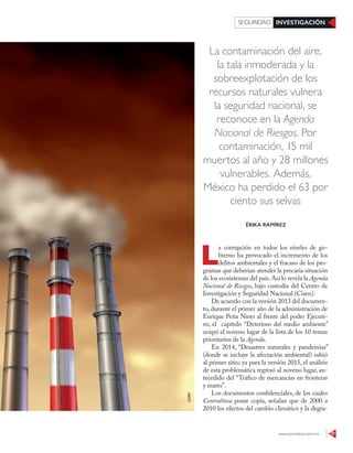 www.contralinea.com.mx 37
INVESTIGACIÓNSEGURIDAD
La contaminación del aire,
la tala inmoderada y la
sobreexplotación de los
recursos naturales vulnera
la seguridad nacional, se
reconoce en la Agenda
Nacional de Riesgos. Por
contaminación, 15 mil
muertos al año y 28 millones
vulnerables. Además,
México ha perdido el 63 por
ciento sus selvas
L
a corrupción en todos los niveles de go-
bierno ha provocado el incremento de los
delitos ambientales y el fracaso de los pro-
gramas que deberían atender la precaria situación
de los ecosistemas del país.Así lo revela la Agenda
Nacional de Riesgos, bajo custodia del Centro de
Investigación y Seguridad Nacional (Cisen).
De acuerdo con la versión 2013 del documen-
to, durante el primer año de la administración de
Enrique Peña Nieto al frente del poder Ejecuti-
vo, el capítulo “Deterioro del medio ambiente”
ocupó el noveno lugar de la lista de los 10 temas
prioritarios de la Agenda.
En 2014, “Desastres naturales y pandemias”
(donde se incluye la afectación ambiental) subió
al primer sitio; ya para la versión 2015, el análisis
de esta problemática regresó al noveno lugar, an-
tecedido del “Tráfico de mercancías en fronteras
y mares”.
Los documentos confidenciales, de los cuales
Contralínea posee copia, señalan que de 2000 a
2010 los efectos del cambio climático y la degra-
ÉRIKA RAMÍREZ
123RF
 