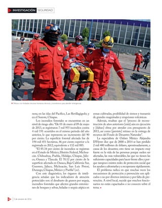 48 3 de octubre de 2016
INVESTIGACIÓN SEGURIDAD
nora; en las islas del Pacífico, Las Revillagigedo; y
en el Sureste,Chiapas.
Los incendios forestales se encuentran en un
nivel de riesgo alto.“De 01 de enero al 09 de mayo
de 2013, se registraron 7 mil 955 incendios contra
4 mil 191 ocurridos en el mismo periodo del año
anterior, lo que representa un incremento del 90
por ciento. La superficie forestal afectada fue de
194 mil 451 hectáreas, 46 por ciento superior a la
registrada en 2012,equivalente a 132 mil 885.
“El 85.34 por ciento de incendios se registran
en el Estado de México,Distrito Federal,Michoa-
cán. Chihuahua, Puebla, Hidalgo, Chiapas, Jalis-
co, Oaxaca y Tlaxcala. El 70.12 por ciento de la
superficie afectada en Oaxaca, Baja California Sur,
Guerrero, Jalisco, Michoacán, San Luis Potosí,
Durango,Chiapas,México y Puebla”(sic).
Con este diagnóstico, los órganos de inteli-
gencia señalan que los indicadores de atención
potenciales son: el desabasto de granos por sequía,
incendios forestales que afecten grandes extorsio-
nes de bosques y selvas,heladas o sequía atípica en
zonas cultivadas, posibilidad de sismos y tsunamis
de grandes magnitudes y erupciones volcánicas.
Además, resaltan que el “proceso de recons-
trucción de años anteriores [está] aún en ejecución
y [faltan] obras por atender con presupuesto de
2013, así como [persiste] retraso en la entrega de
recursos del Fondo de Desastres Naturales”.
La especialista de Oxfam México Alejandra
D’Hyver dice que de 2000 a 2014 se han perdido
2 mil 400 millones de dólares, aproximadamente, a
causa de los desastres; esto tiene un impacto muy
fuerte en la vida de las personas porque suelen ser
afectadas, las más vulnerables, las que no tienen las
suficientes capacidades para hacer frente ellos y por-
que tampoco existen redes de protección social que
los ayuden a afrontarlas y a recuperarse rápidamente.
El problema radica en que muchas veces los
mecanismos de protección y prevención son apli-
cados o no por diversos intereses y por falta de pre-
vención. A nivel local, sucede que muchos funcio-
narios no están capacitados o no conocen sobre el
tema.
México, con limitados recursos humanos, técnicos y económicos para atender emergencias
CUARTOSCURO
 