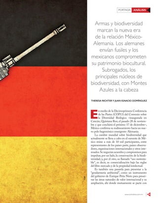 www.contralinea.com.mx 29
PORTADA ANÁLISIS
Armas y biodiversidad
marcan la nueva era
de la relación México-
Alemania. Los alemanes
envían fusiles y los
mexicanos comprometen
su patrimonio biocultural.
Subrogados, los
principales núcleos de
biodiversidad, con Montes
Azules a la cabeza
E
n medio de la Decimoprimera Conferencia
de las Partes (COP13) del Convenio sobre
la Diversidad Biológica –inaugurada en
Cancún, Quintana Roo, el pasado 28 de noviem-
bre y que concluirá el próximo 17 de diciembre–,
México confirma su realineamiento hacia un nue-
vo polo hegemónico emergente: Alemania.
La cumbre mundial sobre biodiversidad que
actualmente se lleva a cabo en el suroeste de Mé-
xico reúne a más de 10 mil participantes, entre
representantes de los países parte, países observa-
dores, organizaciones internacionales y otros inte-
resados.Se negocian acuerdos y compromisos para
impulsar, por un lado, la conservación de la biodi-
versidad, y, por el otro, su llamado “uso sustenta-
ble”, es decir, su comercialización bajo las reglas
del libre mercado y de la propiedad intelectual.
Es también una pasarela para presentar a la
“gendarmería ambiental”, como un instrumento
del gobierno de Enrique Peña Nieto para preser-
var las áreas naturales de valor internacional y su
ampliación, ahí donde mutuamente se pacte con
THERESA RICHTER Y JUAN IGNACIO DOMÍNGUEZ
123RF
 