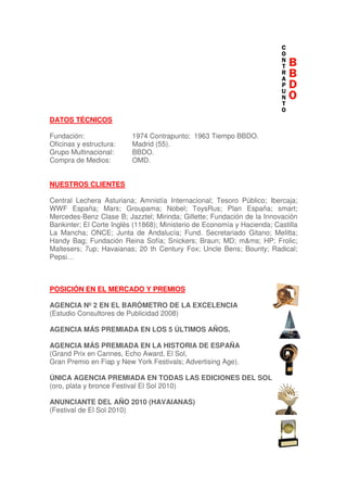 DATOS TÉCNICOS
Fundación: 1974 Contrapunto; 1963 Tiempo BBDO.
Oficinas y estructura: Madrid (55).
Grupo Multinacional: BBDO.
Compra de Medios: OMD.
NUESTROS CLIENTES
Central Lechera Asturiana; Amnistía Internacional; Tesoro Público; Ibercaja;
WWF España; Mars; Groupama; Nobel; ToysRus; Plan España; smart;
Mercedes-Benz Clase B; Jazztel; Mirinda; Gillette; Fundación de la Innovación
Bankinter; El Corte Inglés (11868); Ministerio de Economía y Hacienda; Castilla
La Mancha; ONCE; Junta de Andalucía; Fund. Secretariado Gitano; Melitta;
Handy Bag; Fundación Reina Sofía; Snickers; Braun; MD; m&ms; HP; Frolic;
Maltesers; 7up; Havaianas; 20 th Century Fox; Uncle Bens; Bounty; Radical;
Pepsi…
POSICIÓN EN EL MERCADO Y PREMIOS
AGENCIA Nº 2 EN EL BARÓMETRO DE LA EXCELENCIA
(Estudio Consultores de Publicidad 2008)
AGENCIA MÁS PREMIADA EN LOS 5 ÚLTIMOS AÑOS.
AGENCIA MÁS PREMIADA EN LA HISTORIA DE ESPAÑA
(Grand Prix en Cannes, Echo Award, El Sol,
Gran Premio en Fiap y New York Festivals; Advertising Age).
ÚNICA AGENCIA PREMIADA EN TODAS LAS EDICIONES DEL SOL
(oro, plata y bronce Festival El Sol 2010)
ANUNCIANTE DEL AÑO 2010 (HAVAIANAS)
(Festival de El Sol 2010)
 