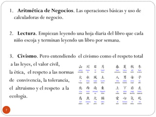1.   Aritmética de Negocios. Las operaciones básicas y uso de
calculadoras de negocio.
2.   Lectura. Empiezan leyendo una hoja diaria del libro que cada
niño escoja y terminan leyendo un libro por semana.
3.   Civismo. Pero entendiendo el civismo como el respeto total
a las leyes, el valor civil,
la ética, el respeto a las normas
de convivencia, la tolerancia,
el altruismo y el respeto a la
ecología.
7
 