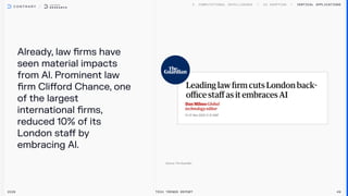Already, law firms have
seen material impacts
from Al. Prominent law
firm Clifford Chance, one
of the largest
international firms,
reduced 10% of its
London staff by
embracing Al.
2026 Tech Trends Report 49
Vertical Applications
 