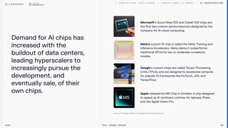 Demand for Al chips has
increased with the
buildout of data centers,
leading hyperscalers to
increasingly pursue the
development, and
eventually sale, of their
own chips.
AI Infrastructure
2026 Tech Trends Report 69
Microsoft’s Azure Maia 100 and Cobalt 100 chips are
the first two custom semiconductors designed by the
company for AI cloud computing.
Meta’s custom AI chip is called the Meta Training and
Inference Accelerator. Meta claims it outperforms
traditional GPUs for low or moderate complexity
models.
Google’s custom chips are called Tensor Processing
Units (TPUs), and are designed to accelerate compute
for popular AI frameworks like PyTorch, JAX, and
TensorFlow.
Apple released its M5 Chip in October, a chip designed
to speed up AI workload runtimes for laptops, iPads,
and the Apple Vision Pro.
 