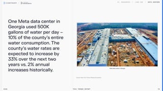 One Meta data center in
Georgia used 500K
gallons of water per day –
10% of the county’s entire
water consumption. The
county’s water rates are
expected to increase by
33% over the next two
years vs. 2% annual
increases historically.
Data centers
2026 Tech Trends Report 76
Meta data center in Georgia
 