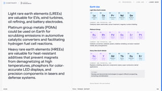 Light rare earth elements (LREEs)
are valuable for EVs, wind turbines,
oil refining, and battery electrodes.

Platinum group metals (PGMs)
could be used on Earth for
scrubbing emissions in automotive
catalytic converters and facilitating
hydrogen fuel cell reactions. 

Heavy rare earth elements (HREEs)
are valuable for heat-resistant
additives that prevent magnets
from demagnetizing at high
temperatures, phosphors for color-
accurate LED displays, and
precision components in lasers and
defense systems.
2026 Tech Trends Report 88
Lunar Base
Earth Use
Light Rare Earth metals
57
La
Lanthanum
138.91
58
Ce
Cerium
44.956
59
Pr
Praseodymium
140.91
60
Nd
Neodymium
144.24
62
Sm
Samarium
150.36
CUrrent and potential use
Catalysts, lasers, electrodes, cancer treatment, magnets, nuclear shielding
Platinum Group
44
Ru
Ruthenium
101.07
45
Rh
Rhodium
102.91
46
Pd
Palladium
106.42
76
Os
Osmium
190.23
77
Ir
Iridium
192.22
78
Pt
Platinum
195.08
CUrrent and potential use
Catalytic converters, catalysts, jewelry, radiation shielding, corrosion-rosistant
metals, alloy strengtheners
Heavy Rare Earth Metals
21
Sc
Scandium
44.956
39
Y
Yttrium
88.906
64
Gd
Gadolinium
157.25
65
Tb
Terbium
158.93
66
Dy
Dysprosium
162.5
68
Er
Erbium
167.26
CUrrent and potential use
Radiation shielding, electronic components, lasers, super conductors, dental
applications
Pathway
Develop and demonstrate technologies to support efficient prospecting,
extracting, and delineation
 