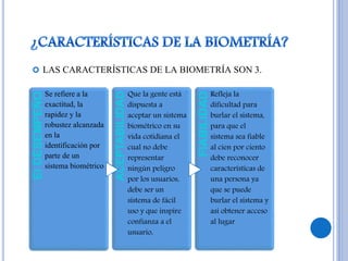  LAS CARACTERÍSTICAS DE LA BIOMETRÍA SON 3.
ElDESEMPEÑO
Se refiere a la
exactitud, la
rapidez y la
robustez alcanzada
en la
identificación por
parte de un
sistema biométrico
ACEPTABILIDAD
Que la gente está
dispuesta a
aceptar un sistema
biométrico en su
vida cotidiana el
cual no debe
representar
ningún peligro
por los usuarios,
debe ser un
sistema de fácil
uso y que inspire
confianza a el
usuario,
FIABILIDAD
Refleja la
dificultad para
burlar el sistema,
para que el
sistema sea fiable
al cien por ciento
debe reconocer
características de
una persona ya
que se puede
burlar el sistema y
así obtener acceso
al lugar
 