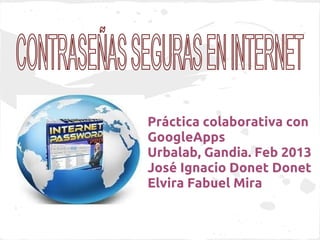 Práctica colaborativa con
GoogleApps
Urbalab, Gandia. Feb 2013
José Ignacio Donet Donet
Elvira Fabuel Mira
 