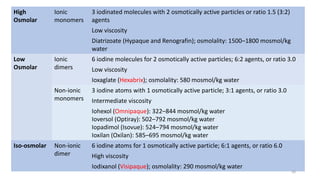 High
Osmolar
Ionic
monomers
3 iodinated molecules with 2 osmotically active particles or ratio 1.5 (3:2)
agents
Low viscosity
Diatrizoate (Hypaque and Renografin); osmolality: 1500–1800 mosmol/kg
water
Low
Osmolar
Ionic
dimers
6 iodine molecules for 2 osmotically active particles; 6:2 agents, or ratio 3.0
Low viscosity
Ioxaglate (Hexabrix); osmolality: 580 mosmol/kg water
Non-ionic
monomers
3 iodine atoms with 1 osmotically active particle; 3:1 agents, or ratio 3.0
Intermediate viscosity
Iohexol (Omnipaque): 322–844 mosmol/kg water
Ioversol (Optiray): 502–792 mosmol/kg water
Iopadimol (Isovue): 524–794 mosmol/kg water
Ioxilan (Oxilan): 585–695 mosmol/kg water
Iso-osmolar Non-ionic
dimer
6 iodine atoms for 1 osmotically active particle; 6:1 agents, or ratio 6.0
High viscosity
Iodixanol (Visipaque); osmolality: 290 mosmol/kg water
20
 
