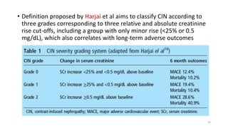 • Definition proposed by Harjai et al aims to classify CIN according to
three grades corresponding to three relative and absolute creatinine
rise cut-offs, including a group with only minor rise (<25% or 0.5
mg/dL), which also correlates with long-term adverse outcomes
36
 