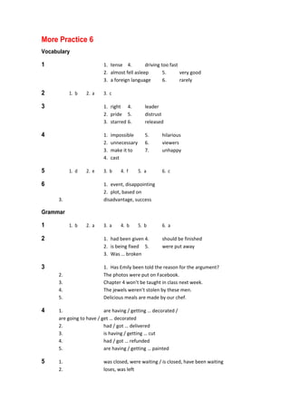 More Practice 6
Vocabulary
1  1.  tense  4.  driving too fast 
  2.  almost fell asleep  5.  very good 
  3.  a foreign language  6.  rarely 
2  1.  b  2.  a  3.  c 
3  1.  right  4.  leader 
  2.  pride  5.  distrust 
  3.  starred 6.  released 
4  1.  impossible  5.  hilarious 
  2.  unnecessary  6.  viewers 
  3.  make it to  7.  unhappy 
  4.  cast 
5  1.  d  2.  e  3.  b  4.  f  5.  a  6.  c 
6  1.  event, disappointing 
  2.  plot, based on 
  3.  disadvantage, success 
Grammar
1  1.  b  2.  a  3.  a  4.  b  5.  b  6.  a 
2  1.  had been given 4.  should be finished 
  2.  is being fixed  5.  were put away 
  3.  Was … broken 
3  1.  Has Emily been told the reason for the argument? 
  2.  The photos were put on Facebook. 
  3.  Chapter 4 won’t be taught in class next week. 
  4.  The jewels weren’t stolen by these men. 
  5.  Delicious meals are made by our chef. 
4  1.  are having / getting … decorated / 
are going to have / get … decorated 
  2.  had / got … delivered 
  3.  is having / getting … cut 
  4.  had / got … refunded 
  5.  are having / getting … painted 
5  1.  was closed, were waiting / is closed, have been waiting 
  2.  loses, was left 
 