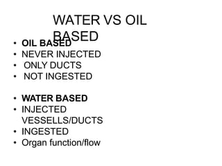 WATER VS OIL
BASED
• OIL BASED
• NEVER INJECTED
• ONLY DUCTS
• NOT INGESTED
• WATER BASED
• INJECTED
VESSELLS/DUCTS
• INGESTED
• Organ function/flow
 