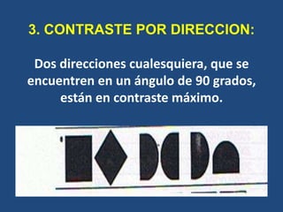 3. CONTRASTE POR DIRECCION:

 Dos direcciones cualesquiera, que se
encuentren en un ángulo de 90 grados,
     están en contraste máximo.
 