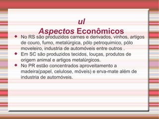 Sul Aspectos  Econômicos No RS são produzidos carnes e derivados, vinhos, artigos de couro, fumo, metalúrgica, pólo petroquimico, pólo moveleiro, industria de automóveis entre outros . Em SC são produzidos tecidos, louças, produtos de origem animal e artigos metalúrgicos. No PR estão concentrados aproveitamento a madeira(papel, celulose, móveis) e erva-mate além de industria de automóveis. 