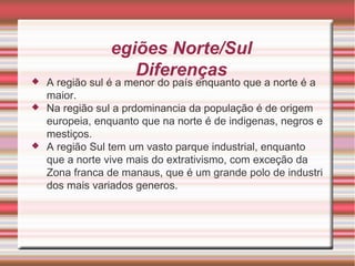Regiões Norte/Sul Diferenças A região sul é a menor do país enquanto que a norte é a maior. Na região sul a prdominancia da população é de origem europeia, enquanto que na norte é de indigenas, negros e mestiços. A região Sul tem um vasto parque industrial, enquanto que a norte vive mais do extrativismo, com exceção da Zona franca de manaus, que é um grande polo de industri dos mais variados generos. 
