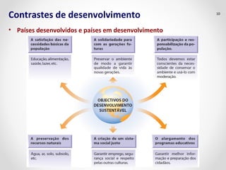 Contrastes de desenvolvimento
• Países desenvolvidos e países em desenvolvimento
10
 