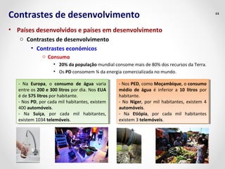 Contrastes de desenvolvimento
• Países desenvolvidos e países em desenvolvimento
o Contrastes de desenvolvimento
• Contrastes económicos
o Consumo
• 20% da população mundial consome mais de 80% dos recursos da Terra.
• Os PD consomem ¾ da energia comercializada no mundo.
44
- Na Europa, o consumo de água varia
entre os 200 e 300 litros por dia. Nos EUA
é de 575 litros por habitante.
- Nos PD, por cada mil habitantes, existem
400 automóveis.
- Na Suíça, por cada mil habitantes,
existem 1034 telemóveis.
- Na Europa, o consumo de água varia
entre os 200 e 300 litros por dia. Nos EUA
é de 575 litros por habitante.
- Nos PD, por cada mil habitantes, existem
400 automóveis.
- Na Suíça, por cada mil habitantes,
existem 1034 telemóveis.
- Nos PED, como Moçambique, o consumo
médio de água é inferior a 10 litros por
habitante.
- No Níger, por mil habitantes, existem 4
automóveis.
- Na Etiópia, por cada mil habitantes
existem 3 telemóveis.
- Nos PED, como Moçambique, o consumo
médio de água é inferior a 10 litros por
habitante.
- No Níger, por mil habitantes, existem 4
automóveis.
- Na Etiópia, por cada mil habitantes
existem 3 telemóveis.
 
