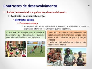 Contrastes de desenvolvimento
• Países desenvolvidos e países em desenvolvimento
o Contrastes de desenvolvimento
• Contrastes sociais
o Estatuto da criança
• As crianças são muito vulneráveis a doenças, a epidemias, á fome, à
exploração e também são vítimas de guerras e conflitos.
45
- Nos PD, as crianças vão à escola e
beneficiam de determinados cuidados
prestados pela família ou pela sociedade.
- Nos PD, as crianças vão à escola e
beneficiam de determinados cuidados
prestados pela família ou pela sociedade.
- Nos PED, as crianças são envolvidas no
trabalho infantil: trabalham nos campos e em
minas, e são utilizadas na guerra (crianças
soldado).
- Mais de 200 milhões de crianças são
trabalhadores infantis.
- Nos PED, as crianças são envolvidas no
trabalho infantil: trabalham nos campos e em
minas, e são utilizadas na guerra (crianças
soldado).
- Mais de 200 milhões de crianças são
trabalhadores infantis.
 