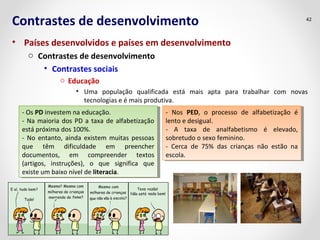 Contrastes de desenvolvimento 
• Países desenvolvidos e países em desenvolvimento 
o Contrastes de desenvolvimento 
• Contrastes sociais 
o Educação 
42 
• Uma população qualificada está mais apta para trabalhar com novas 
tecnologias e é mais produtiva. 
- Os PD investem na educação. 
- Na maioria dos PD a taxa de alfabetização 
está próxima dos 100%. 
- No entanto, ainda existem muitas pessoas 
que têm dificuldade em preencher 
documentos, em compreender textos 
(artigos, instruções), o que significa que 
existe um baixo nível de literacia. 
- Os PD investem na educação. 
- Na maioria dos PD a taxa de alfabetização 
está próxima dos 100%. 
- No entanto, ainda existem muitas pessoas 
que têm dificuldade em preencher 
documentos, em compreender textos 
(artigos, instruções), o que significa que 
existe um baixo nível de literacia. 
- Nos PED, o processo de alfabetização é 
lento e desigual. 
- A taxa de analfabetismo é elevado, 
sobretudo o sexo feminino. 
- Cerca de 75% das crianças não estão na 
escola. 
- Nos PED, o processo de alfabetização é 
lento e desigual. 
- A taxa de analfabetismo é elevado, 
sobretudo o sexo feminino. 
- Cerca de 75% das crianças não estão na 
escola. 
 