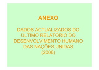 ANEXO

 DADOS ACTUALIZADOS DO
  ÚLTIMO RELATÓRIO DO
DESENVOLVIMENTO HUMANO
   DAS NAÇÕES UNIDAS
         (2006)
 