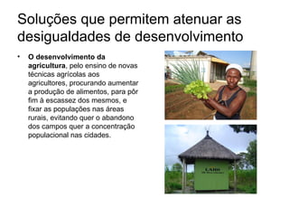 Soluções que permitem atenuar as desigualdades de desenvolvimento O desenvolvimento da agricultura , pelo ensino de novas técnicas agrícolas aos agricultores, procurando aumentar a produção de alimentos, para pôr fim à escassez dos mesmos, e fixar as populações nas áreas rurais, evitando quer o abandono dos campos quer a concentração populacional nas cidades. 