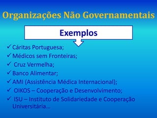 Organizações Não Governamentais
Cáritas Portuguesa;
Médicos sem Fronteiras;
 Cruz Vermelha;
Banco Alimentar;
AMI (Assistência Médica Internacional);
 OIKOS – Cooperação e Desenvolvimento;
 ISU – Instituto de Solidariedade e Cooperação
Universitária…
Exemplos
 
