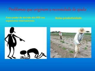 Problemas que originam a necessidade de ajuda
Fraco poder de decisão dos PED nos
organismos internacionais
Baixa produtividade
 