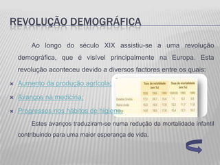 REVOLUÇÃO DEMOGRÁFICA

        Ao longo do século XIX assistiu-se a uma revolução
    demográfica, que é visível principalmente na Europa. Esta
    revolução aconteceu devido a diversos factores entre os quais:

   Aumento da produção agrícola;

   Avanços na medicina;

   Progressos nos hábitos de higiene.
        Estes avanços traduziram-se numa redução da mortalidade infantil
    contribuindo para uma maior esperança de vida.
 