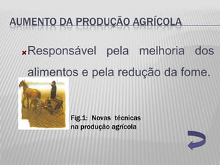AUMENTO DA PRODUÇÃO AGRÍCOLA

  Responsável pela melhoria dos
  alimentos e pela redução da fome.


         Fig.1: Novas técnicas
         na produção agrícola
 