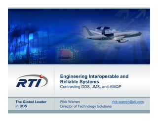 Engineering Interoperable and
                    Reliable Systems
                    Contrasting DDS, JMS, and AMQP


The Global Leader   Rick Warren                      rick.warren@rti.com
in DDS              Director of Technology Solutions
 