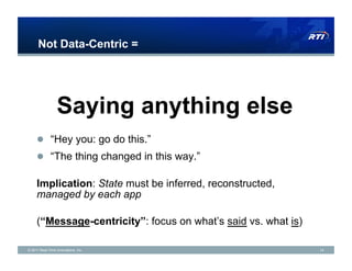 Not Data-Centric =




                  Saying anything else
     !  “Hey you: go do this.”
     !  “The thing changed in this way.”

     Implication: State must be inferred, reconstructed,
     managed by each app

     (“Message-centricity”: focus on what’s said vs. what is)

© 2011 Real-Time Innovations, Inc.                              14
 