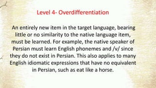 Level 4- Overdifferentiation
An entirely new item in the target language, bearing
little or no similarity to the native language item,
must be learned. For example, the native speaker of
Persian must learn English phonemes and /v/ since
they do not exist in Persian. This also applies to many
English idiomatic expressions that have no equivalent
in Persian, such as eat like a horse.
 