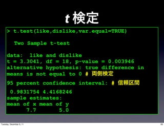 t
     > t.test(like,dislike,var.equal=TRUE)

             Two Sample t-test

     data: like and dislike
     t = 3.3041, df = 18, p-value = 0.003946
     alternative hypothesis: true difference in
     means is not equal to 0 #
     95 percent confidence interval: #
      0.9831754 4.4168246
     sample estimates:
     mean of x mean of y
           7.7       5.0

Tuesday, December 6, 11                           99
 