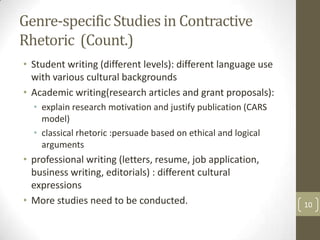 Genre-specific Studies in Contractive
Rhetoric (Count.)
• Student writing (different levels): different language use
  with various cultural backgrounds
• Academic writing(research articles and grant proposals):
  • explain research motivation and justify publication (CARS
    model)
  • classical rhetoric :persuade based on ethical and logical
    arguments
• professional writing (letters, resume, job application,
  business writing, editorials) : different cultural
  expressions
• More studies need to be conducted.                            10
 