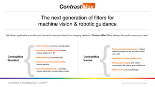 CHROMA TECHNOLOGY CORP® www.chroma.com/machine-vision
The next generation of filters for
machine vision & robotic guidance
As Vision applications evolve and demand more precision from imaging systems, ContrastMax filters deliver the performance you need.
ContrastMax
Standard
{
▸ Precise contrast enhancement – highest
levels of contrast for use with laser diodes
and LEDs
▸ Separation of closely related colors
▸ Multispectral imaging, with custom
narrow band filter design and manufacture
▸ Better blocking of unwanted light
▸ Better contrast at common viewing angles
▸ Equivalent or better contrast at wide
viewing angles up to 50°
▸ Better blocking of unwanted light
▸ Enhanced environmental durability,
lifetime warranty
▸ Environmentally friendly – eliminates
colored glass which contains heavy metals
{
ContrastMax
Narrow
 