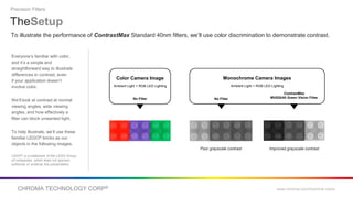 CHROMA TECHNOLOGY CORP® www.chroma.com/machine-vision
To illustrate the performance of ContrastMax Standard 40nm filters, we’ll use color discrimination to demonstrate contrast.
Everyone’s familiar with color,
and it’s a simple and
straightforward way to illustrate
differences in contrast, even
if your application doesn’t
involve color.
We’ll look at contrast at normal
viewing angles, wide viewing
angles, and how effectively a
filter can block unwanted light.
To help illustrate, we’ll use these
familiar LEGO® bricks as our
objects in the following images.
TheSetup
Precision Filters
Poor grayscale contrast Improved grayscale contrast
Monochrome Camera Images
Ambient Light + RGB LED Lighting
ContrastMax
MV525/40 Green Vision Filter
No Filter
Color Camera Image
Ambient Light + RGB LED Lighting
No Filter
LEGO® is a trademark of the LEGO Group
of companies, which does not sponsor,
authorize or endorse this presentation.
 