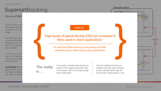 CHROMA TECHNOLOGY CORP® www.chroma.com/machine-vision
Sample Area
COMPETITOR 532nm Narrow Green Bandpass Filter
Optical
Density
Wavelength
Sample Area
ContrastMax MV525/40 Green Vision Filter
Optical
Density
Wavelength
SuperiorBlocking
Precision Filters
Can your filter block unwanted light from a laser or a bright LED?
ContrastMax
MV525/40 Green Vision Filter
COMPETITOR
532 nm Narrow Green Bandpass Filter
We know that you wouldn’t aim a
laser pointer directly on your
imaging field of view, like in this
image.
But what if you use a laser or
structured illumination in your
imaging process, and you want to
see it in one channel but not in the
other channel?
Or what if very bright light from a
laser or LED that you don’t want to
detect is either scattered or reflected
into the scene?
ContrastMax filters provide the
optical density you need to block out
that bright, unwanted light and see
only what you want to see.
Green filter with 650nm red laser pointer
650nm
Red
Laser
It’s said that ≥OD4 blocking is unnecessary and adds
unneeded costs to filters used in vision applications.
“High levels of optical density (OD) are unneeded in
filters used in vision applications”
{
Myth #2
}
If very bright, unwanted light sources are
present in the imaging scene,they need
to be blocked. OD3 is not a high enough
level of attenuation.
Chroma’s interference filters are
designed with high angle tolerance,
so they naturally deliver high OD
without extra coating layers or cost.
The reality
is…
 