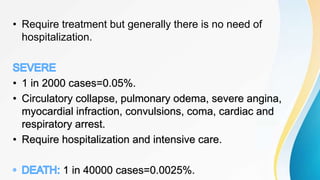 • Require treatment but generally there is no need of
hospitalization.
• 1 in 2000 cases=0.05%.
• Circulatory collapse, pulmonary odema, severe angina,
myocardial infraction, convulsions, coma, cardiac and
respiratory arrest.
• Require hospitalization and intensive care.
1 in 40000 cases=0.0025%.
 