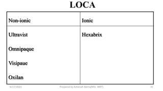 LOCA
Non-ionic Ionic
Ultravist
Omnipaque
Visipaue
Oxilan
Hexabrix
6/17/2023 Prepared by Ashenafi Abrha(MSc MRT) 41
 